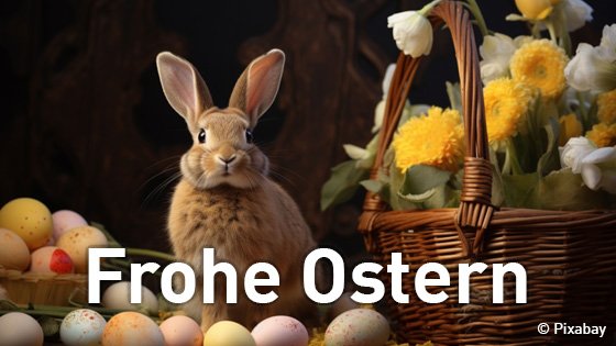 Hase, bunte Eier und Frühlingsblumen sowie die Schrift "Frohe Ostern"