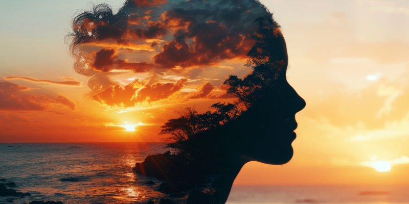 Bildcollage von einem Sonnenuntergang über dem Meer und einer Frauen-Silhouette, die ineinander übergehen