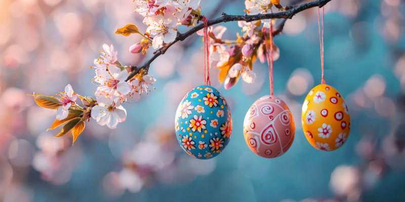 drei bemalte Ostereier an einem Obstblütenzweig